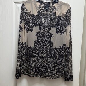 INC International Concepts Black and Cream Lace Pattern Blouse